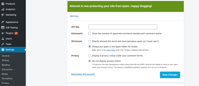Akismet spam settings