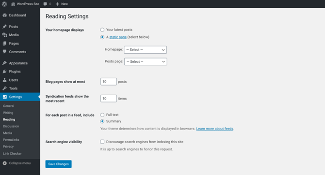 wordpress reading settings