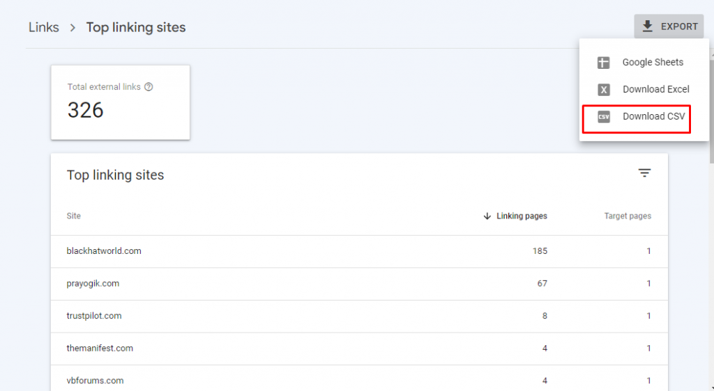 Screenshot of Google Search Console Download Backlinks