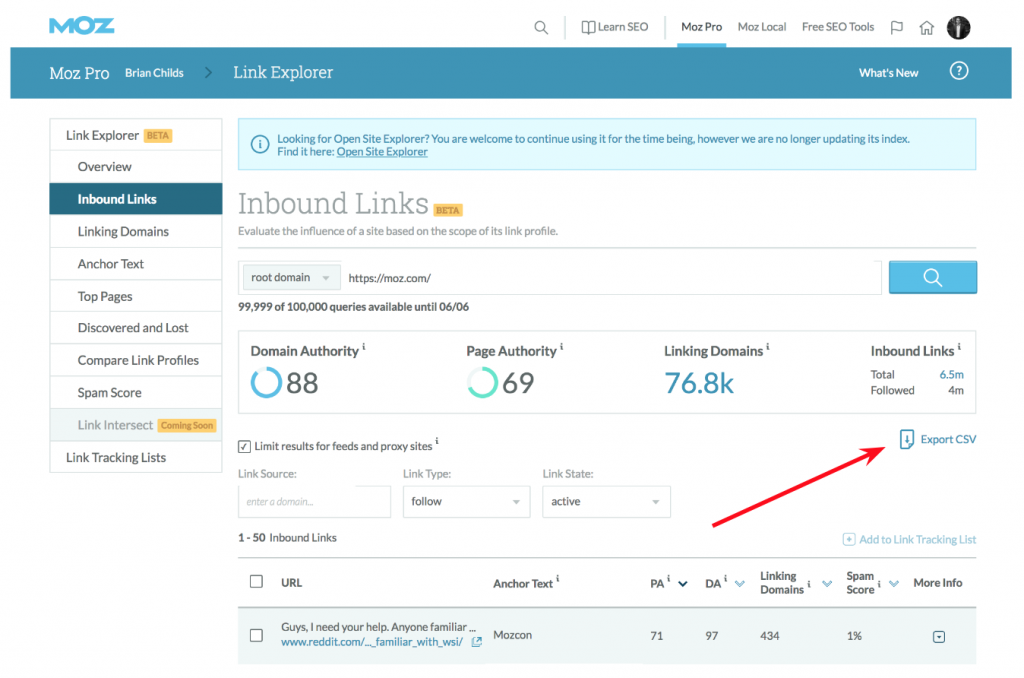 Screenshot of Exporting Backlinks from MOZ